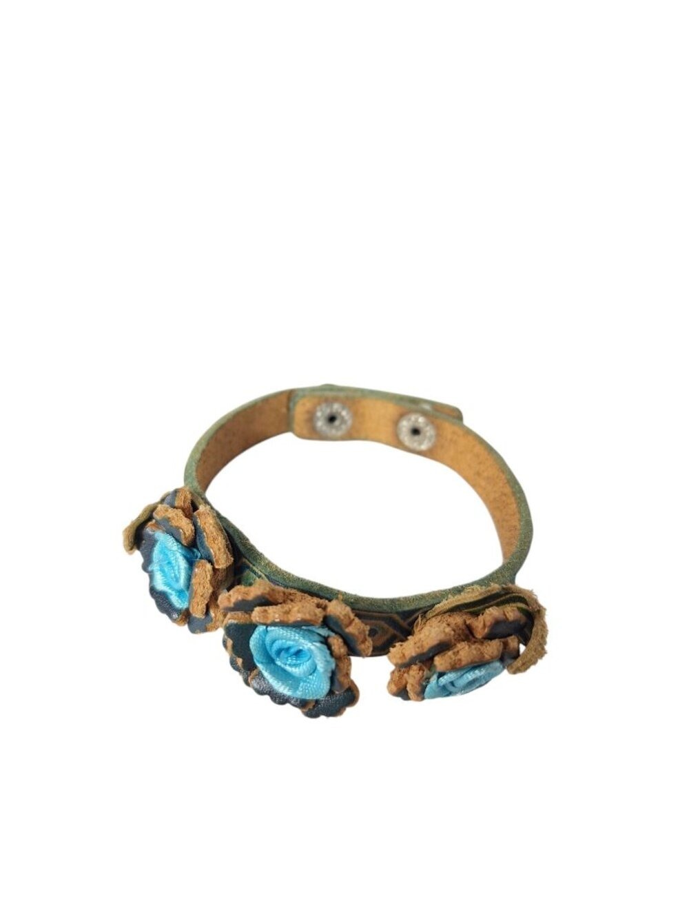 Vintage Leather Floral Rose Bracelet Snap Cuff Blue Tan Boho Cottagecore